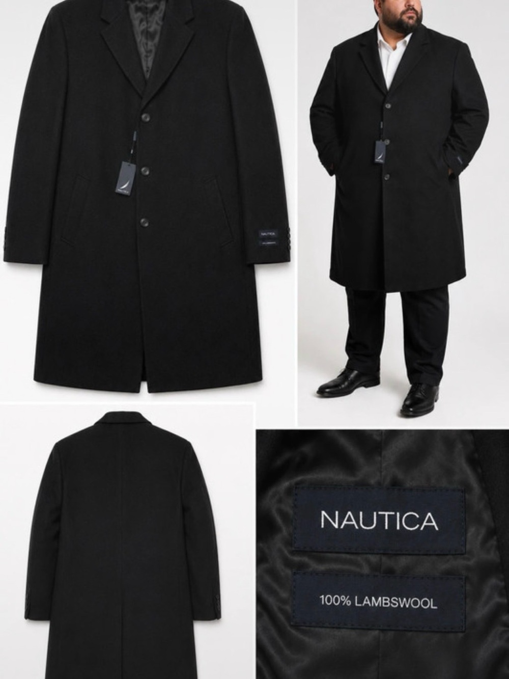 Nautica 100% Lambswool Overcoat Mens 50R XXL Black Long Wool Coat NWT Classic